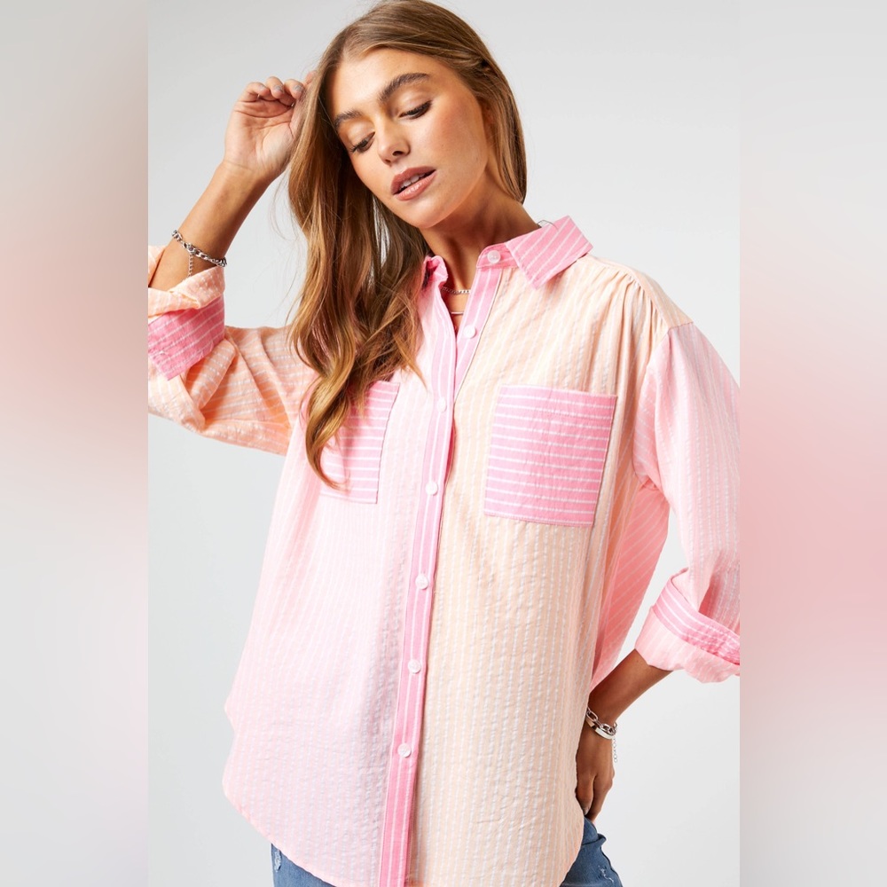 Striped Color Block Button Front Top